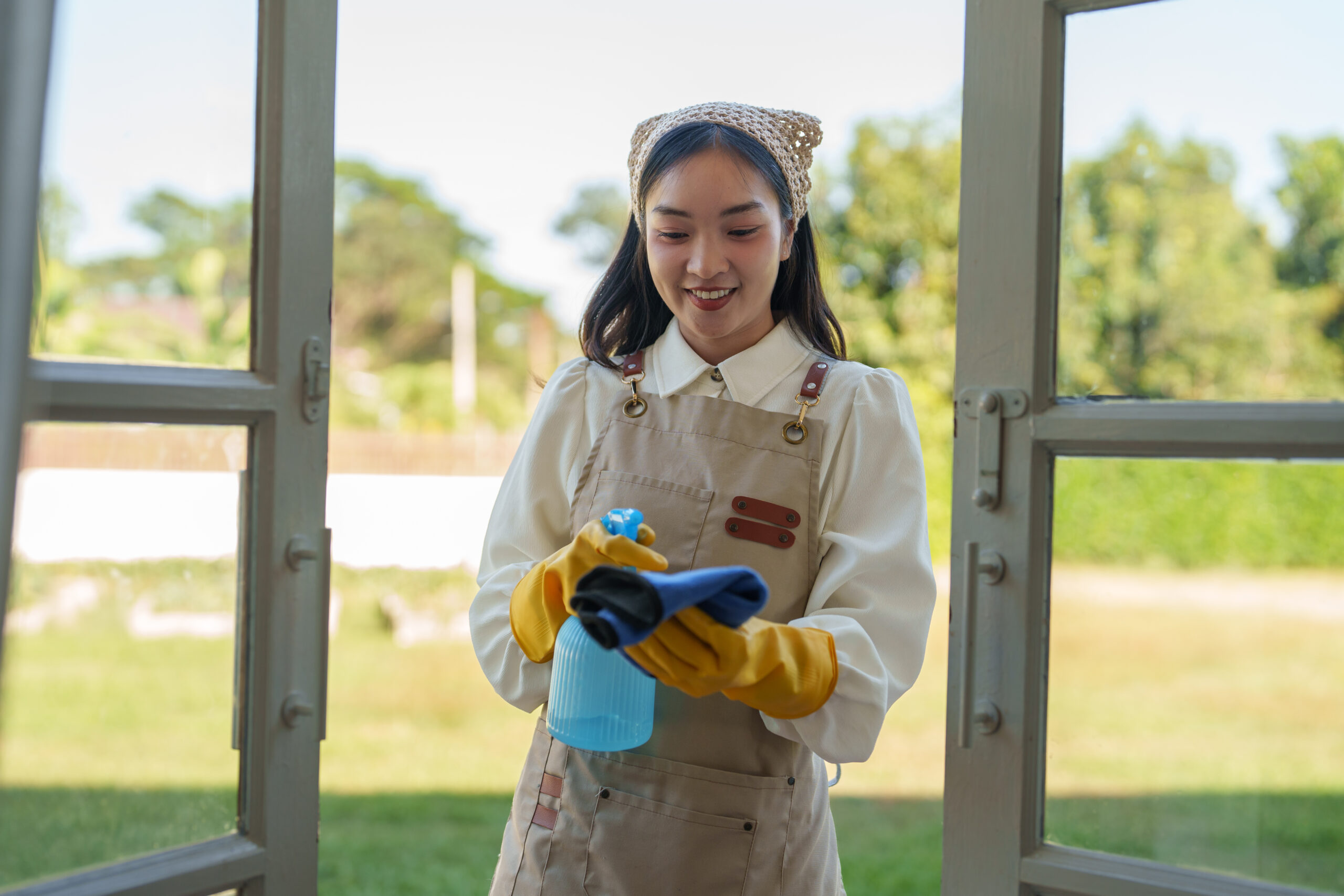 Young housekeeper wearing gloves and apron, holding cleaning spray and cloth, getting ready to wash windows, smiling and looking at cleaning products